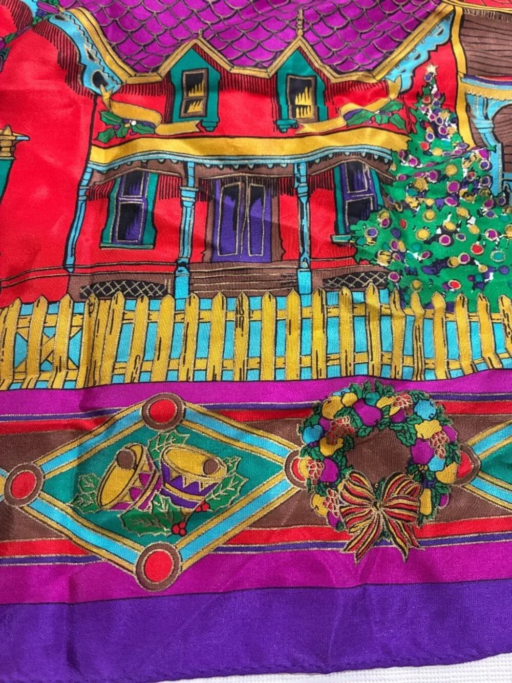 Oscar De La Renta Studio 100% Silk Christmas Village Scarf Multicolor vintage